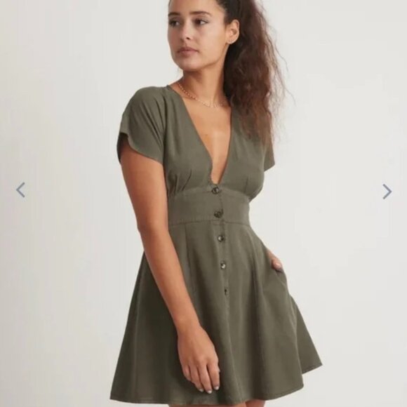 Marine Layer Dresses & Skirts - MARINE LAYER Camila Olive Green A-Line Button Front Mini Dress Boho Tie Waist